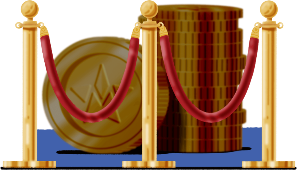 stack of gold coins with star design in the center, behind a red velvet rope attached to gold poles