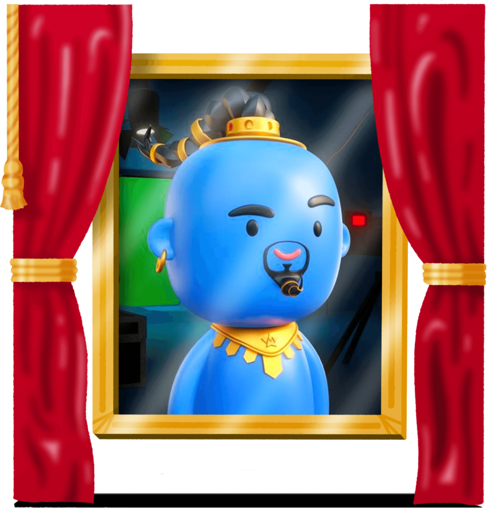 illustrated image of a blue genie in a gold frame, surrounded by red curtains